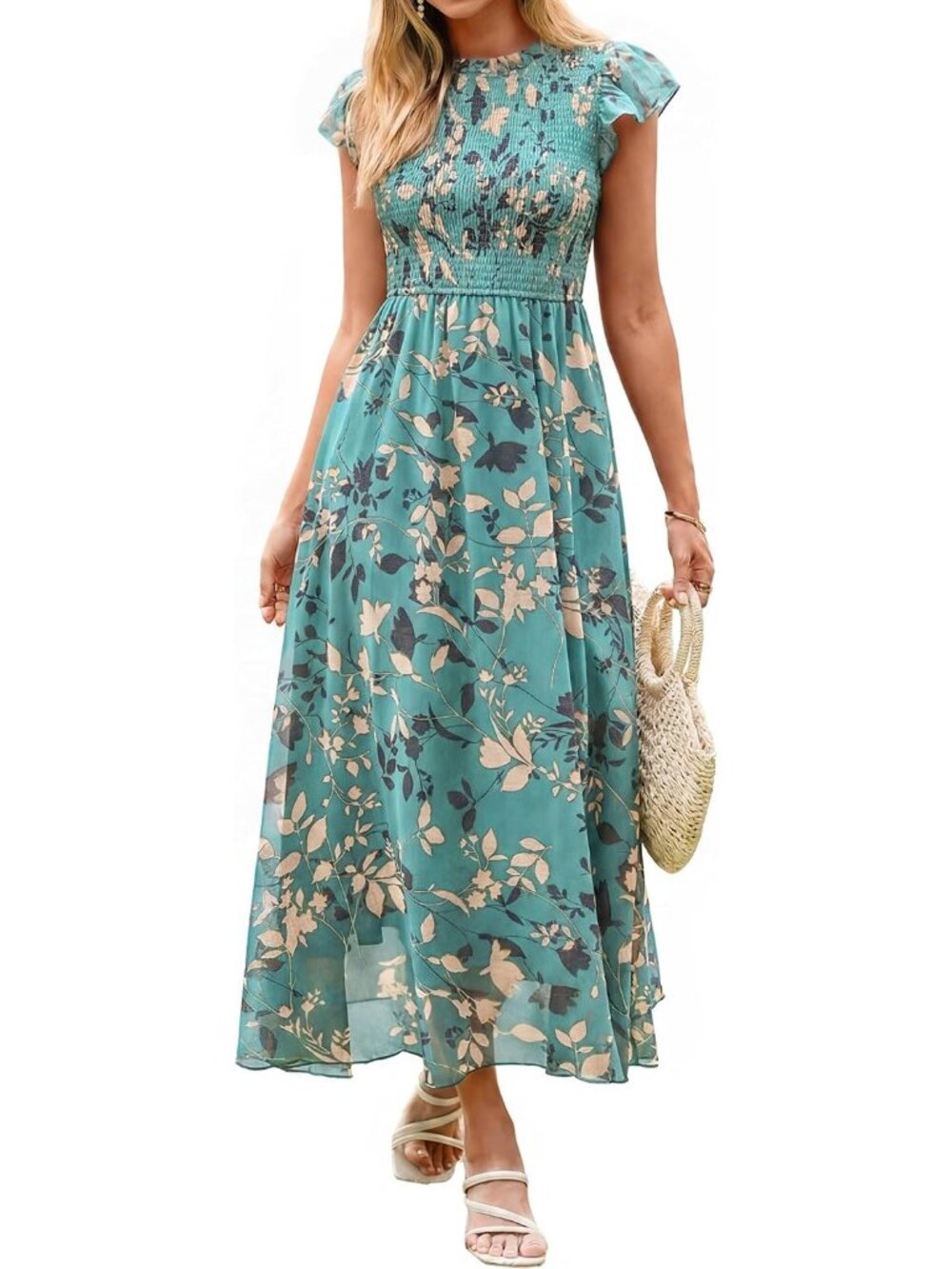 Women's Lake Green Floral Ruffle Sleeve Chiffon Flowy Smocked Waist Maxi Dress